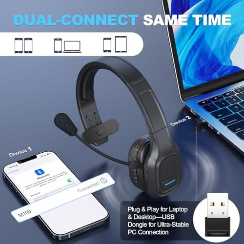 TURNRISE Trucker Bluetooth Headset with Dongle: AI Noise Canceling Wireless Headset with USB Dongle & 60Hrs Working Time & Mute Button, Headphones for Truck Drivers, Office, Call Center, Phone/PC - Thumbnail 3