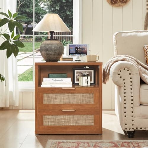 LEYAOYAO Rattan Nightstands Set of 2 with Charger Station, 23" Wide Boho Night Stand with 2 Drawers, Natural Wood Bedside Table Open Shlef, Bed Side End Table Dresser for Bedroom, Living Room Hallway - Thumbnail 4