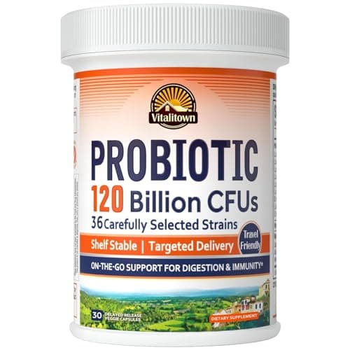Vitalitown Probiotics 120 Billion CFUs | 36 Strains + Prebiotics + Digestive Enzymes for Men Women | Delayed Release | Shelf Stable | On The Go Digestive & Immune Support | Vegan Non-GMO | 30 Veg Caps