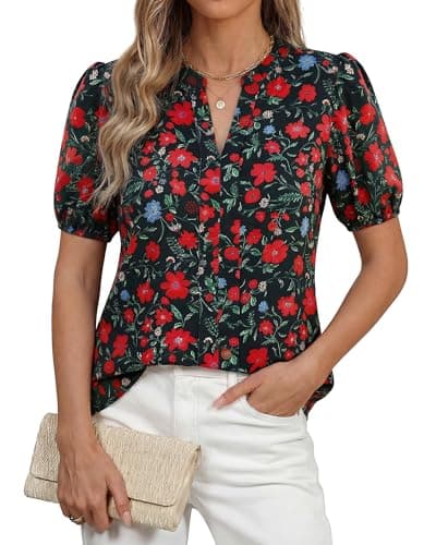 BTFBM Womens Tops 2026 Spring Casual Loose Puff Sleeve V Neck Floral Satin Work Blouse Dressy T Shirts Silk Tunics(Floral Black Red,Small) - Image 1