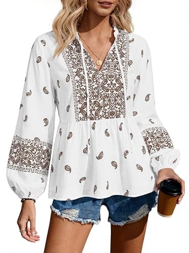 MASCOMODA Women Boho Babydoll Tops Spring Summer Casual V Neck Peplum Long Sleeve Blouses Flowy Shirts Beach Vacation Clothes(White Brown Flower,X-Large) - Image 1