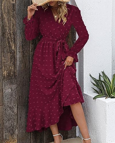 BTFBM Long Sleeve Maxi Dresses for Women V Neck Swiss Dot Boho Flowy Slit Cocktail Wedding Guest Dress Fall Clothes 2025(Wine Red, Medium) - Thumbnail 5
