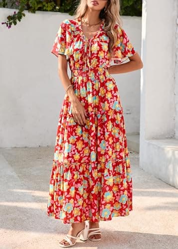 KIRUNDO Spring Summer Wedding Guest Dresses for Women 2026 Boho Floral Short Sleeve V Neck Ruffle Tiered Flowy Maxi Dress(Wine Red, Medium) - Thumbnail 3