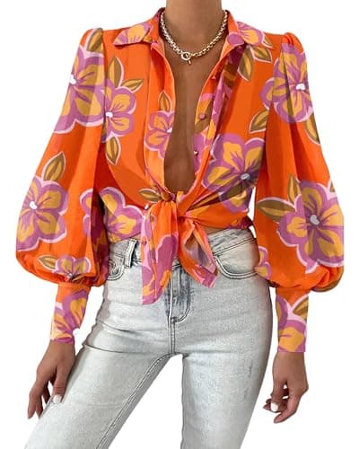 BTFBM Women Fashion Button Down Shirts 2026 V Neck Boho Printed Long Sleeve Blouses Dressy Casual Spring Fall Tops(Floral Orange Purple, Small) - Image 1