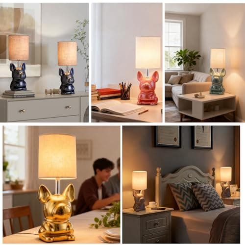 EOEYYOYB Set of 2 Ceramic Table Lamp, Puppy Shape Desk Lamp Cute Bedside Lamp for Nightstand, Living Room, Bedroom, Gifts for Kids Girls, 4W LED Bulb Included, Pink - Thumbnail 2