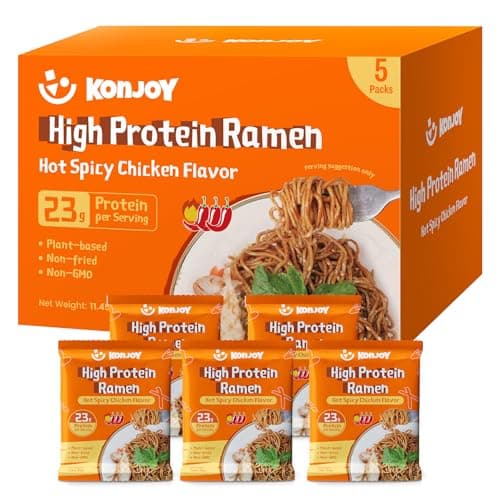 KONJOY High Protein Ramen Noodles - Hot Spicy Chicken Flavor, 23g Plant Based Protein, Low Fat & Non Fried, Non-GMO, Vegan Instant Noodles, 5 Pack