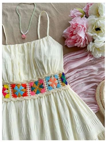 MakeMeChic Women's Floral Boho Mini Dress Spaghetti Strap Shirred Flowy A Line Cami Dresses Apricot X-Large - Thumbnail 5