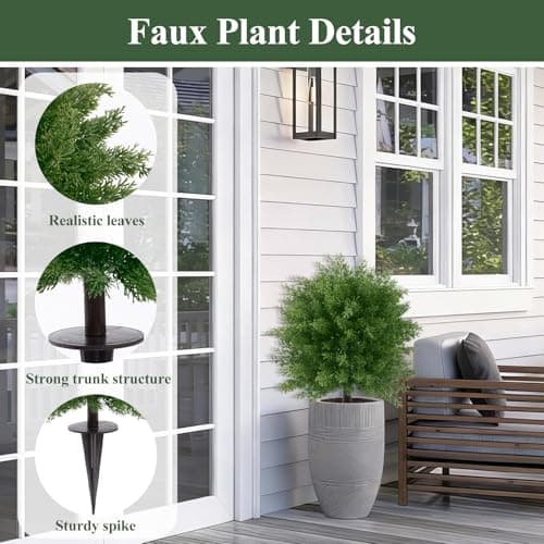 U'Artlines 23.6" Artificial Cedar Topiary Ball Trees with Ground Spike, Faux Cypress Greenery Plants UV Resistant Fake Shrubs Bushes for Front Porch Garden Yard Outdoor Decor, Set of 2 - Thumbnail 2