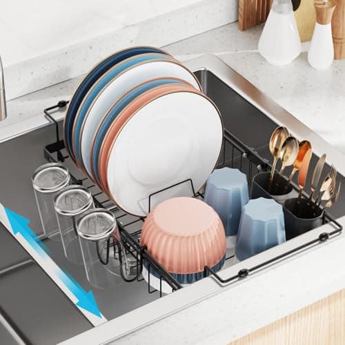 iSPECLE Expandable in Sink Dish Drying Rack with Cup Holder - Rust Resistant Adjustable Over The Sink Dish Drainer with Tightening Knob, Arms with Non Slip Rubber, Fits Sink 12.4"-17.1", Black - Image 1