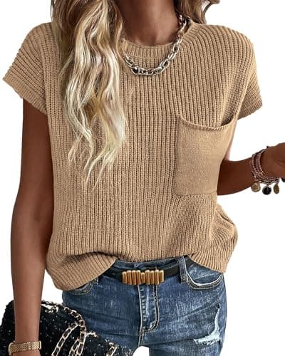 KIRUNDO Spring Summer Short Sleeve Sweater for Women 2026 Casual Sweater Vest Cotton Knit Pullover Tank Tops Fashion Clothing(Khaki, Small) - Image 1