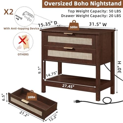 LEYAOYAO 31.5" Wide Rattan Night Stand with Charger Station, Oversized Large Walnut Nightstand with 2 Drawer, Boho Bed Side End Tables with Storage, Tall Bedside Table for Bedroom Living Room, Hallway - Thumbnail 2