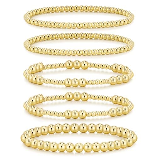 adoyi Gold Bracelets for Women 14K Gold Plated Stackable Beaded Strand Ball Bracelet stack Set Adjustable Non Tarnish Jewelry Sets for Womens Gifts - Image 1