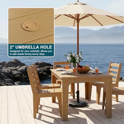 ACUEL HDPE Patio Dining Set for 6, Weather-Resistant Outdoor Table with Umbrella Hole, Never Sagging One-Piece Tabletop with Metal Support Bars for Poolside Backyard Garden (Teak Color) - Thumbnail 3