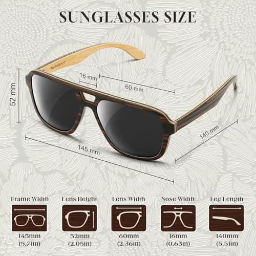 SUNAIT Light Burl/Black Oak/Zebra & Ebony/Maple Wood Sunglasses Classic Square Aviator for Men & Women HD Polarized Lens (Ebony Wood Frame/Grey Lens) - Thumbnail 5