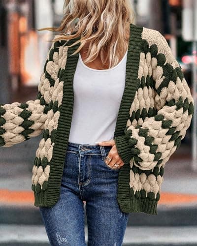 KIRUNDO Women Cardigan Oversized Puff Sleeve Open Front Striped Color Block Cable Knitted Cardigans Fashion Chunky Winter Sweater Coats Fall Clothes 2026(Army Green, Medium) - Thumbnail 5