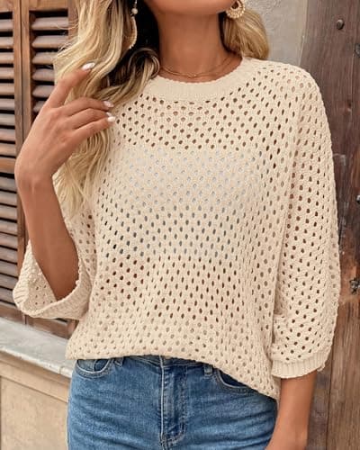 KIRUNDO Crochet Tops for Women Summer Batwing Sleeve Beach Sweater Lightweight Knit Cover Up Shirts Cruise Vacation Outfits(Beige, Large) - Thumbnail 2