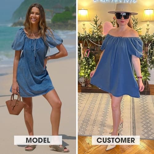 EXLURA Womens Summer Denim Short Puff Sleeve Dresses Knit Loose Plus Size Short Mini Dress 2026 Trendy Spring Outfits - Thumbnail 2