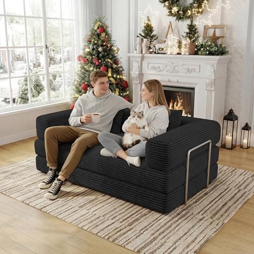 BSHOMGI 4 in 1 Futon Sofa Bed Queen Size - Foldable Convertible Sleeper Couch,Teddy Foam-Filled Compressed Couch Removable Corduroy Cover, Space Saving Sofas for Bedroom & Dorm (Black, 59” 2 Seat) - Thumbnail 4