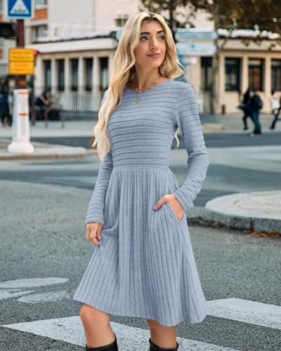 WNEEDU Teachers Dresses for Women 2025 Long Sleeve Elegant Office Flowy Dress with Pockets(Sky Blue,M) - Thumbnail 2