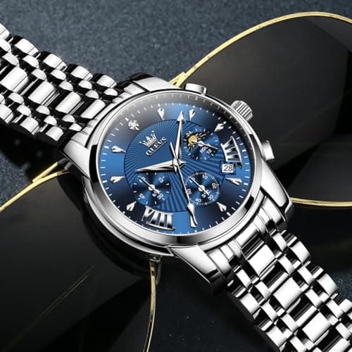 OLEVS Watches for Men Luxury Blue Face Mens Watch Classic Silver Stainless Steel Waterproof Big Face Men's Wrist Watches Unique Dress Quartz Chronograph Fashion Male Watch Relojes para Hombres - Thumbnail 6