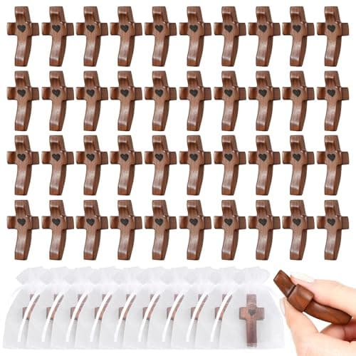 50Pcs Wooden Cross Bulk Worry Cross with Organza Gift Bags Handcrafted Solid Walnut Pocket Cross My Heart Prayer Stress Relief Christian Faith Encouragement Gifts for Church Easter Religious Sharing - Image 1