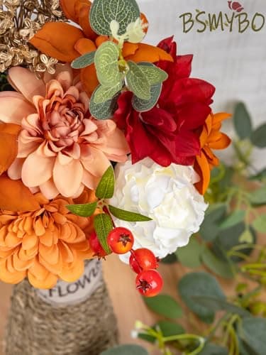 BSMYBO Artificial Flowers Combo Fall Flowers Mix Silk Flowers Dahlia Roses with Stems for DIY Bridal Wedding Bouquets, Baby Shower Decorations Fake Floral Arrangements Table Centerpieces Decor - Thumbnail 3