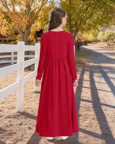 Stelle Girls Maxi Dress Long Sleeve Crew Neck Casual Dresses Fall Flowy Dress with Pockets Party Holiday Outfits Red - Thumbnail 5