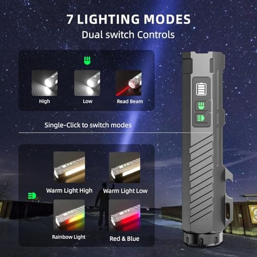 RYCELYSIAN EDC Flashlight Rechargeable with 1600 Lumens 7 LED Modes Magnetic Base and Bottle Opener Waterproof Small Flashlight with Red Beam for Home Outdoor Camping and Emergency（Silvery - Thumbnail 3