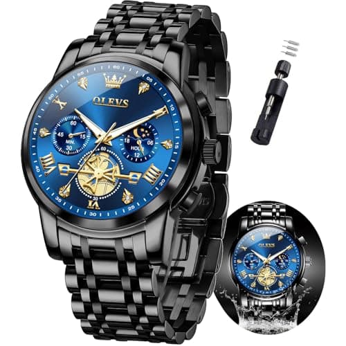 OLEVS Watch Men Blue Dial Black Stainless Steel Luxury Chronograph Dress Analog Quartz Wrist Watches for Men Waterproof Moon Phase Fashion Luminous Nice Mens Watches Relojes para Hombres - Image 1