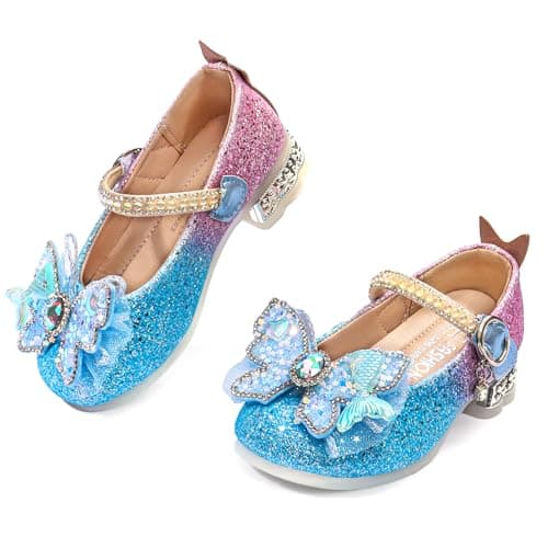 TOZHCITA Girl's Sparkly Ballet Flats Glitter Rainbow Princess Dress Shoes Bowknot Mary Jane Shoes T-Strap in Easter Party Blue,11M for Little Kids - Image 1