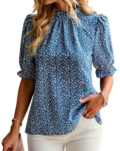 BTFBM Womens Tops 2026 Dressy Casual Blouses Summer Spring Clothes Mock Neck Short Sleeve Shirts Business Work Fall Outfits(Floral Blue, Medium) - Image 1