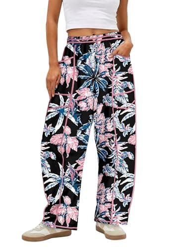 Magritta Women's Wide Leg Palazzo Pants Flowy Stretch Elastic Waist Trousers with Pockets Work Clothes for Women Leaves Pink X-Small - Image 1