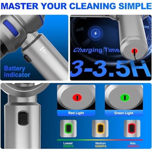 KedeeSparkle Handheld Car Vacuum Cordless, 22000PA Strong Suction Mini Vacuum Cleaner with Brushless Motor, 4-in-1 Portable Vacuum for Car Detailing, Home, Office & Travel, Silver Blue - Thumbnail 4