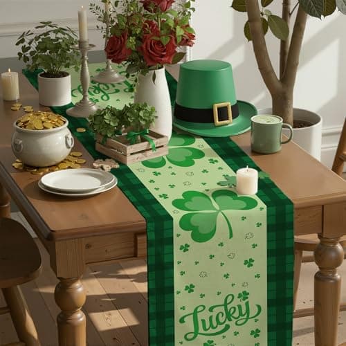 St Patricks Day Decorations - Shamrock Table Runner | St Patrick's Day Party Favors Supplies Decor Indoor Outdoor - Spring Saint Patricks Table Cloth Banner for Home Kitchen Dining Table Decorations - Thumbnail 3