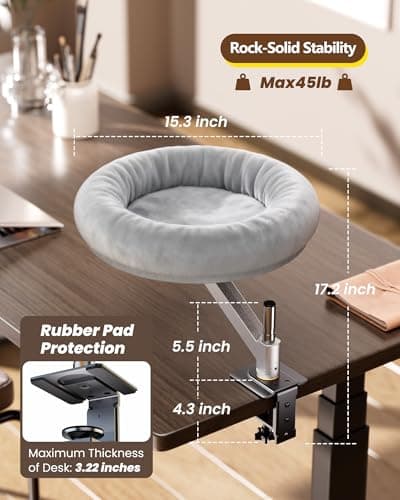 tomxcute Cat Desk Bed - Integrated Die-Cast Arm for Stability - 360° Rotation & Height Adjustable - 45 lbs Support - Cat Desk Perch for S/M/L Cat - Removable Washable Office Cat Bed with Wooden Base - Thumbnail 5