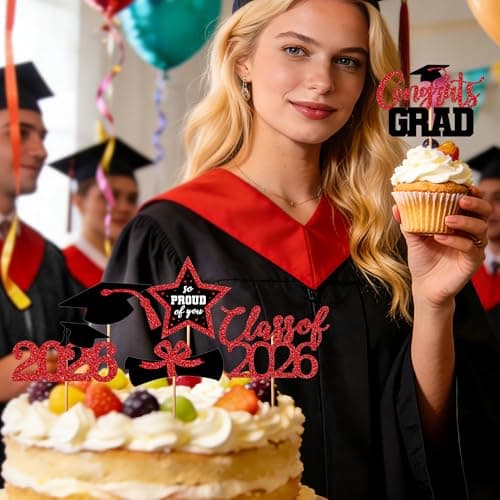 48 PCS Graduation Cupcake Toppers, Glittery 6 Styles Congrats Grad Cake Topper, Black and Red Graduation Decorations 2026, Cap and Diploma Cake Picks for Grad Party Supplies - Thumbnail 5
