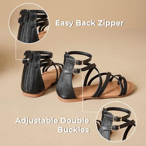 katliu Women's Gladiator Sandals, Strappy Flat Sandals, Dressy Boho Thong Sandals Black 7 - Thumbnail 5