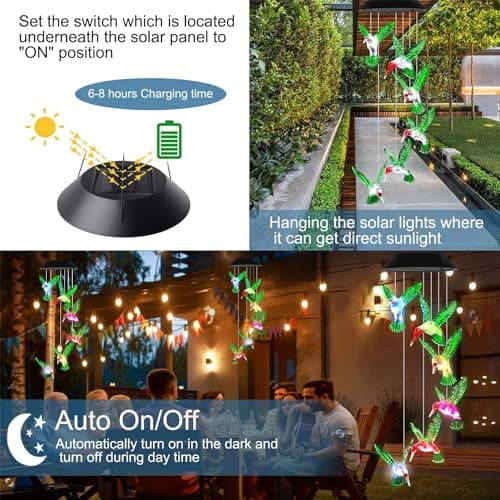 Solar Green Hummingbird， Color Changing Wind Chimes for Outside, Waterproof Solar Powered Wind, Solar Light LED Multi-Color Light Cover Gift for Christmas Garden Decor (Green Hummingbird) - Thumbnail 3