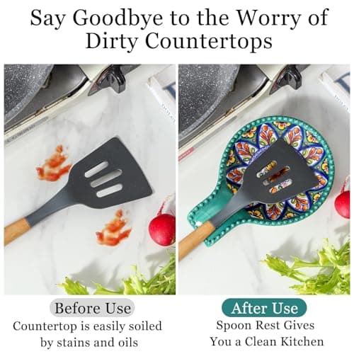 JINGUS Spoon Holder for Kitchen Counter, Large Ceramic Spoon Rest for Stove Top, 7.7 Inch Heat-Resistant Cooking Utensil Rest for Spatula, Ladle and Tongs, Great for Housewarming, Bohemian Green - Thumbnail 4
