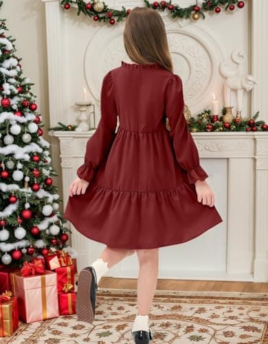 JiAmy Girls Casual Dresses Fall V Neck Long Sleeve Loose Ruffle Tiered Swing Tunic Dress with Pockets Wine Red 5-6 Years - Thumbnail 5