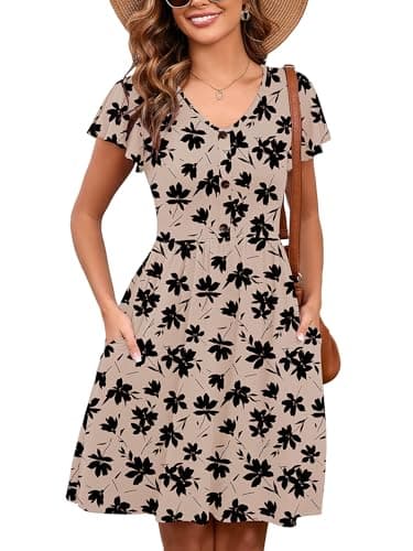Heymoments Women Summer Dress Ink Dot Flowers Large Ruffle Sleeve V Neck Casual Cute Loose Sundress Comfy Swing Button Down Midi Work Flowy Tunic Ladies Beach Vacation Teacher Dresses - Image 1