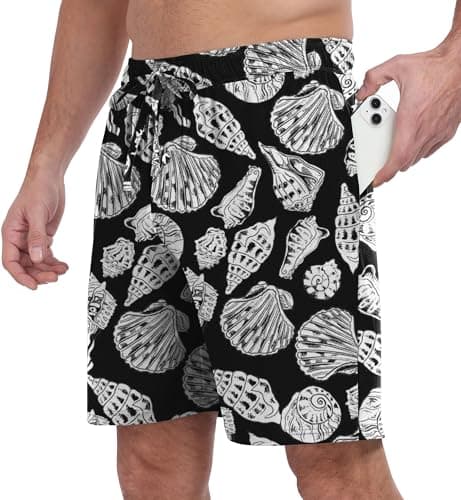 PrinStory Mens Pajama Shorts Soft Bottoms - Stretchy, Lightweight, Comfortable with Pockets FP-Black White Conch-M - Image 1