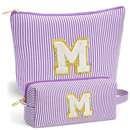 Fohufo Initial Cosmetic Bag Set - Travel Bag Makeup Pouch, Makeup Bag with Zipper Make up Kit Preppy Stuff Stocking Stuffers Birthday Gifts for Women Travel Essentials Travel Bag, Purple Letter M - Image 1