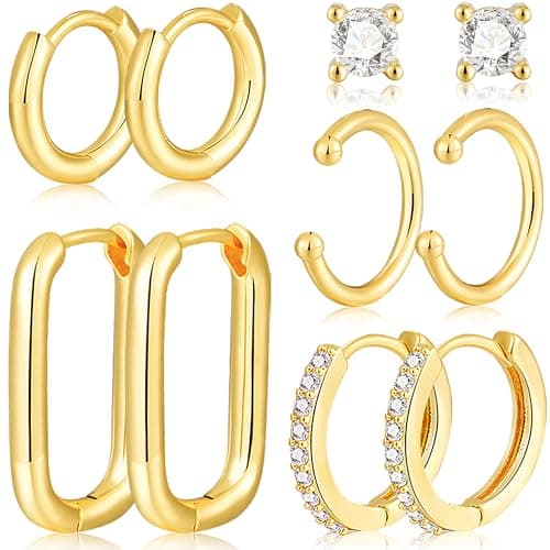 Small Gold Hoop Earrings Set for Women, 14K Gold Plated Lightweight Earrings Sets for Multiple Piercing, Hypoallergenic Huggie Hoops Earrings for Women Jewelry - Image 1