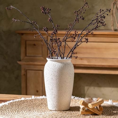 Rustic Farmhouse Flower Large Ceramic Vase, Vintage Pampas Grass Vase, White Modern Decorative Ceramic Flower Vase for Home Decor, Table, Living Room Decoration, Shelf Decor, Mantel, 9.8 Inch - Image 1