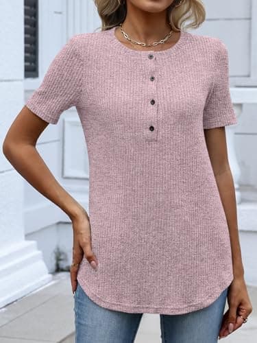 ANRABESS Womens Tops Short Sleeve Henley Shirts Dressy Casual Blouse Summer Cute Tshirt 2026 Spring Lightweight Tunic Sweater Pink Medium - Thumbnail 4