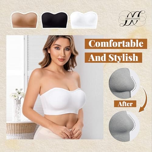 DD DEMOISELLE Summer Bandeau Bras for Women, Wireless Bandeau Bra with Support Plus Size Strapless Bras for Women, 1 Pack, White，XXL - Thumbnail 6
