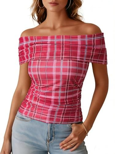 Dokotoo Women's Y2K Fashion Plaid Print Tops Off The Shoulder Mesh Overlay Ruched Front Blouse Red Large - Image 1