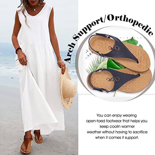 Athlefit Women's Comfortable Orthopedic Sandals Thong Dressy T-Strap Orthotic Casual Summer Arch Support Navy Sandals size 6 - Thumbnail 4