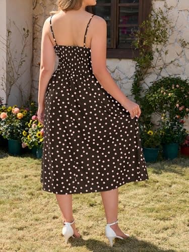 Beautife Women's Plus Size Midi Dress Summer Polka Dot Square Neck Long Dresses Spaghetti Strap Smocked Beach Sundress - Thumbnail 4